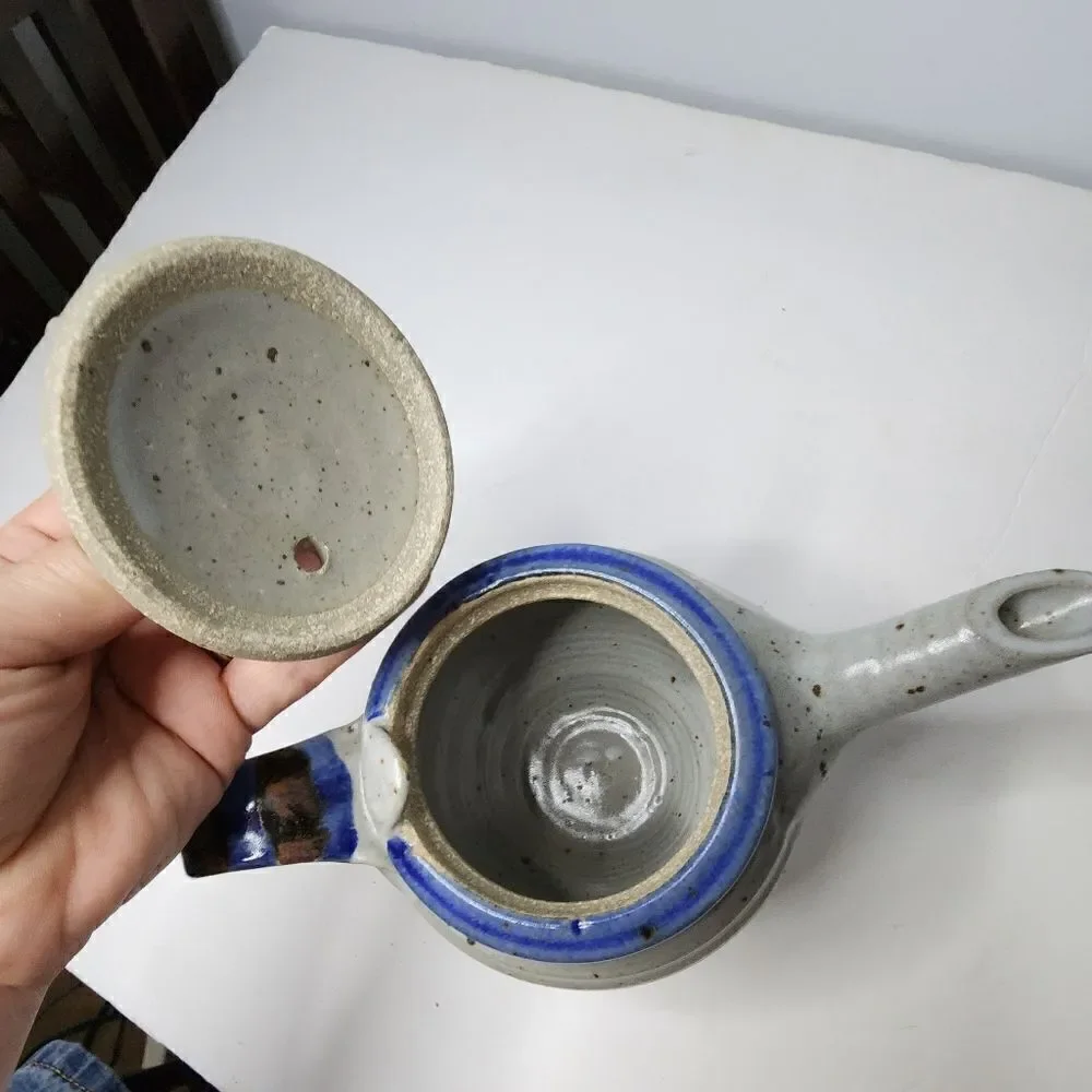 Vintage STONEWARE STUDIO ART CLAY POTTERY BLUE TEAPOT Stamped